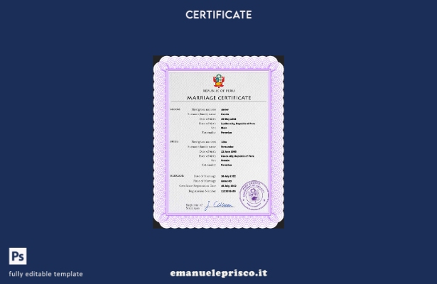 modello PSD di certificato di matrimonio in Perù in stile verificato